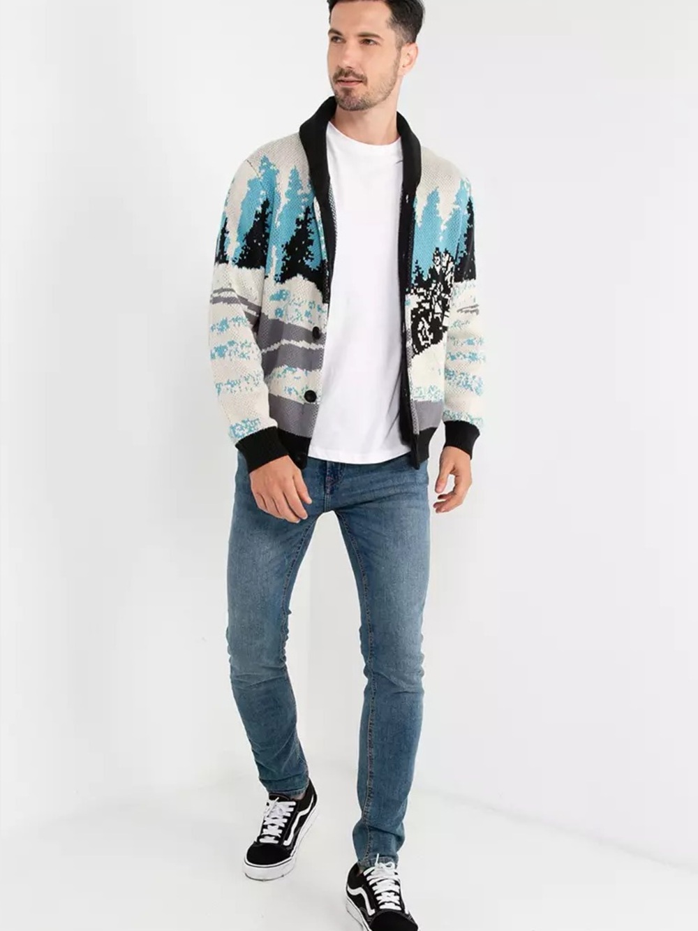 New Men's Harley Davidson Cream and Blue Patterned Shawl Cardigan Sweater XL